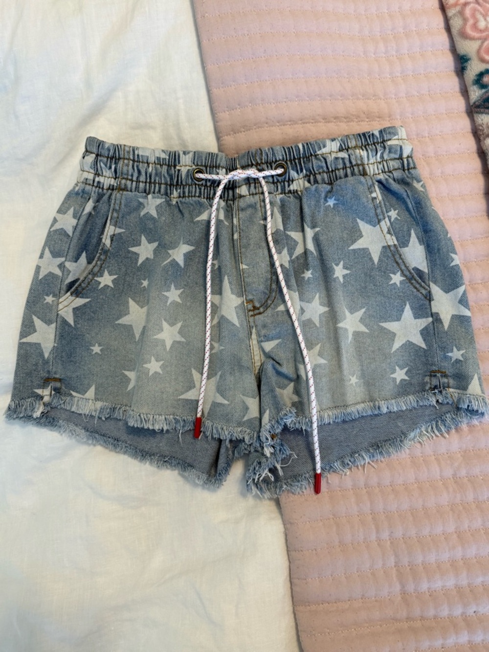 Celebrity Pink Blue Star Print Denim Drawstring Shorts